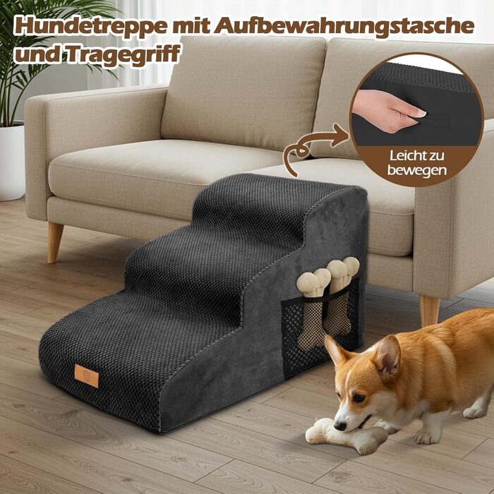 Сходинка для собак Eukue 3 сходинки, для маленьких собак та котів, портативна рампочка для ліжка та дивану, з високощільним шаром піни та чохлом, чорного кольору