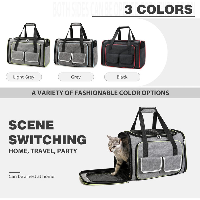 PETCUTE Транспортна сумка для кота, розкладна, з м'яким флісовим ліжком, 2 сторони відкривання, дихаюча сумка-переноска для кота з бічними кишенями, схвалена авіакомпаніями, світло-сіра, M