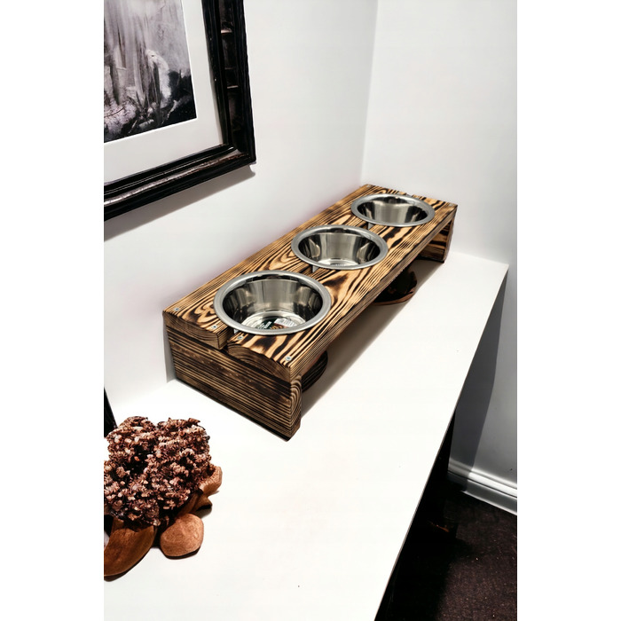 Миски для собак на дерев'яній підставці, набір з 3 шт. по 450 мл