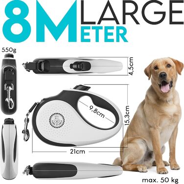 Витяжна повідка для собак HUND IST KÖNIG 8м для малих та великих собак | Міцна витяжна повідка до 50кг | Зручна ручка, преміум-якість | Білий/Чорний