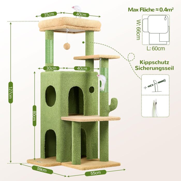 Кігтеточка Globlazer XL для великих котів та літніх тварин з будиночком, платформами та іграшками, 127 см