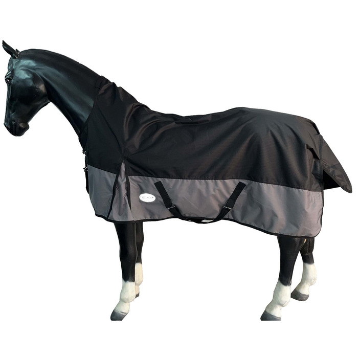 Зимова попона-дощовик для лошадей Turnout 100% водонепроникна 600D з флісовим підкладом та високим горлом, 135 см, чорний/сірий