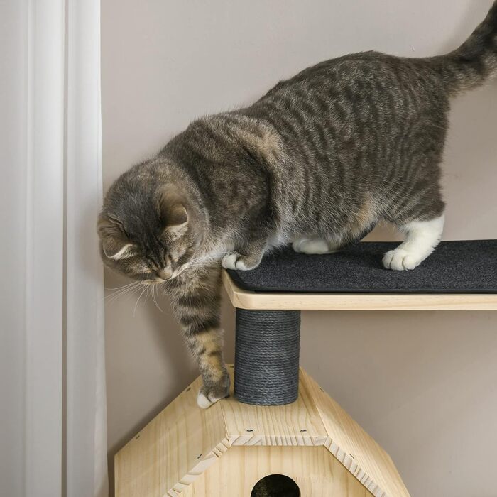 Котячий комплекс PawHut з біговим колесом, 4-рівневий кігтеточка-будиночок із сосни, сизалеві стовпи, натуральне дерево, 80x50x143 см