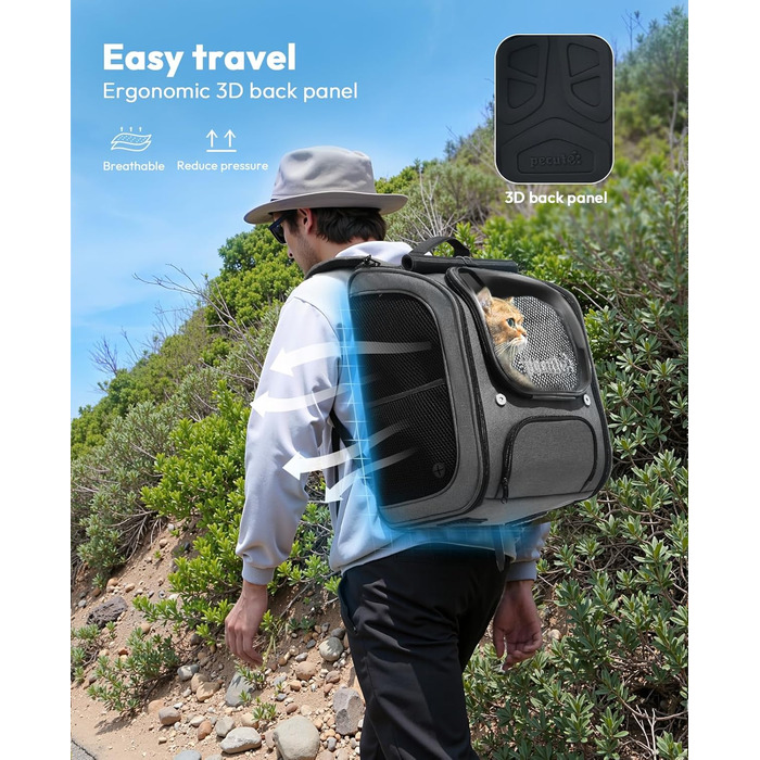 Рюкзак для кота Pecute з сіткою, дихаючий рюкзак-переноска для собак і котів, сірий (42*32*26 см)