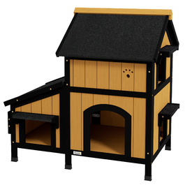 PawHut Cat House, Ялинове дерево, Котячий будинок з кількома входами, 2 поверхи, Котяча печера для вулиці, Невеликий будинок для тварин з асфальтовим дахом, Коробка для квітів, Зимостійкий, Рельєфний дизайн, Жовтий, 96 x 65 x 85,5 см | Аосом