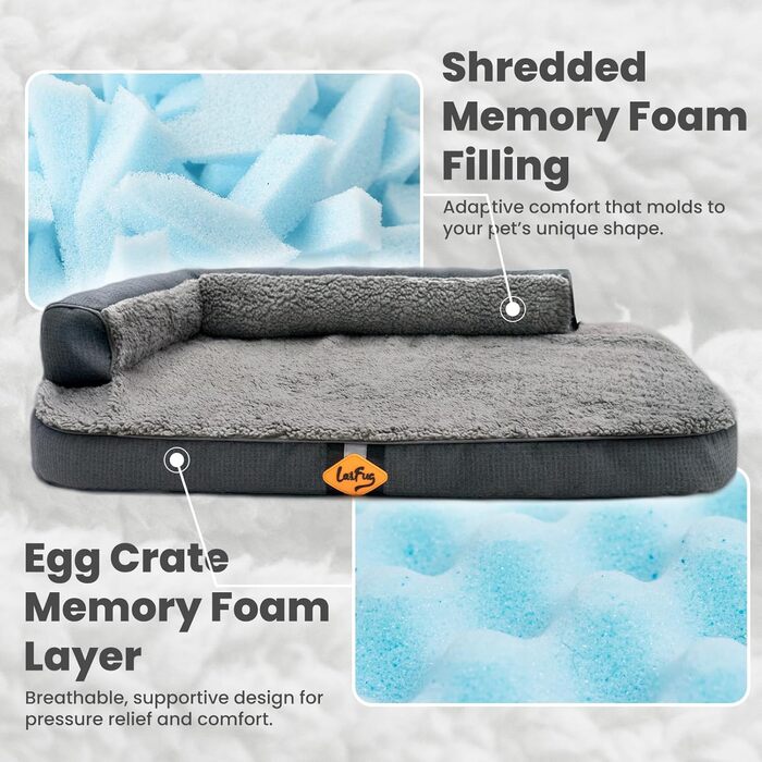 Ортопедичне ліжко для собак Laifug з memory foam, вологостійке, знімний чохол, неслизьке дно, сіре – для літніх та хворих собак