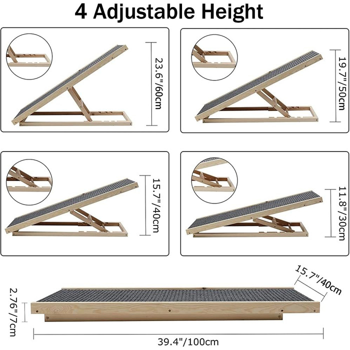 Дерев'яна рамка для тварин, регульована висота, для автомобіля, собак, з антиковзким покриттям, безпечна, для подорожей, 100x40 см, висота 30-60 см