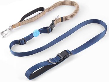 EVERKING 6-в-1 повідок для собак з живітним ременем – повідь для бігу та прогулянок, з двома ручками, антишокова пружина, кріплення для авто, альтернатива шлейці (Блакитний, Сірий, Блакитний, Хакі)