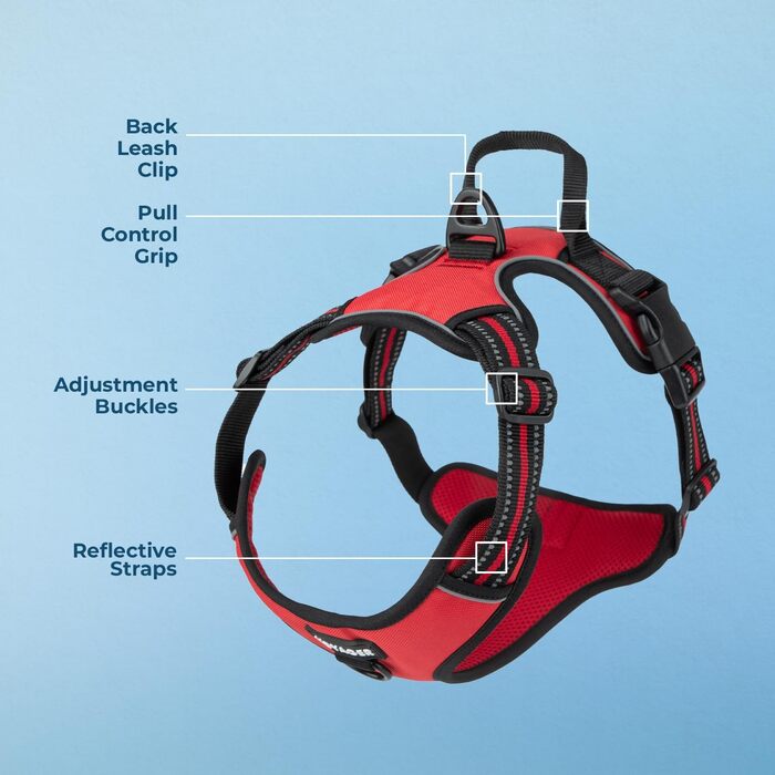 Регульована шлейка для собак Voyager Von Best Pet Supplies з 3M-рефлектором, подвійне кріплення, проти ривків, червона