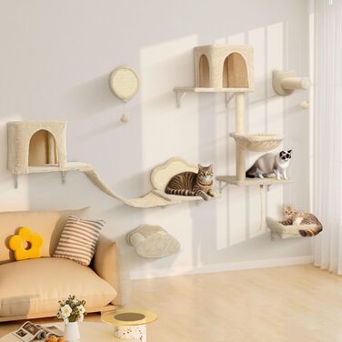 Комплекс для котів BYBYME з гамаком, ліжком та полицями, 6шт. Міцні меблі для котів з плюшевою стійкою, когтеточкою та сизалевими стовпчиками (Бежевий)