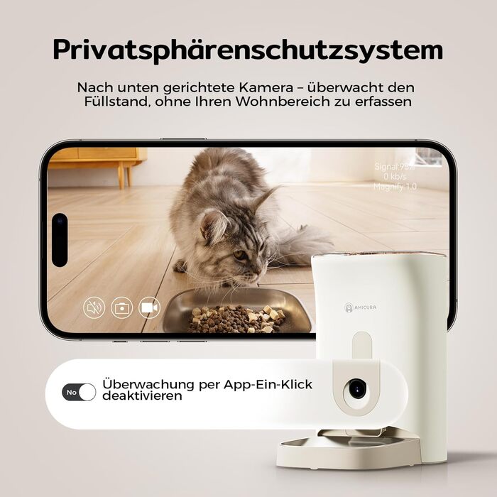 Автоматична годівниця для котів Amicura F1 Pro з 2K камерою, Wi-Fi 2.4G/5G, 4.5 л, нічне бачення 160°, антиблокувальна система, захист свіжості, керування через додаток