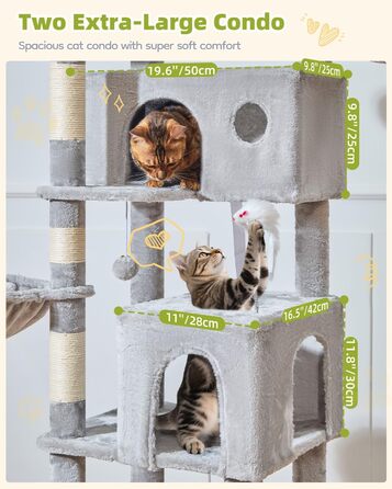 Кігтеточка для котів Taoqimiao 193 см, велика, XXL, з будиночками, гамаком, платформами та 8 стовпчиками для заточування кігтів, сірого кольору MS046W