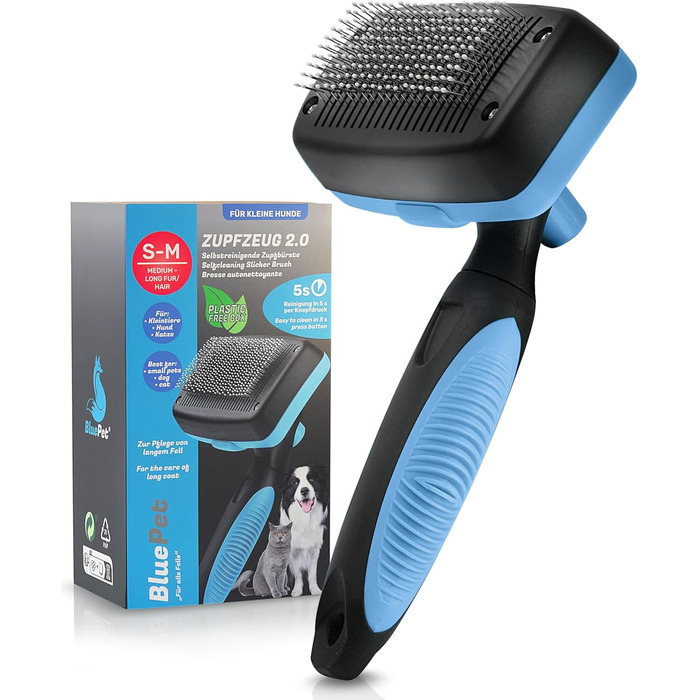 Щітка для собак та котів BluePet для довгої шерсті - видаляє підшерсток, ковтуни та вузли. Версія 2.0 з кнопкою для очищення. Для щоденного використання (Блакитна)