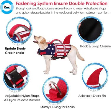 Жилет для плавання для собак AOFITEE, модель 'Акула', великий розмір, висока якість, з ручкою для порятунку та світловідбиваючими смугами, для купання та катання на човні, блакитний, розмір X-Small, блакитна зірка