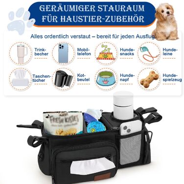 Органайзер для дитячої коляски та собак, сумка-органайзер для аксесуарів для собак з дозатором пакетів для екскрементів, кишенькою для ласощів та тримачем для чашки, сумісний з ручками 35–48 см, подарунок для любителів тварин, чорний