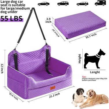 Автокрісло для собак великих та середніх порід, Memory Foam, до 25 кг або 2 маленькі собаки, знімний та пральний бокс для подорожей, з товстими подушками та кишенями для зберігання, фіолетовий колір