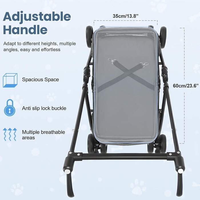 Складаний візок для собак з 4 колесами та дихаючою сіткою - Легкий транспортний візок для маленьких собак та котів до 10 кг, з регульованим сонцезахистом, тримачем для напоїв та страхувальним ременем, Чорний