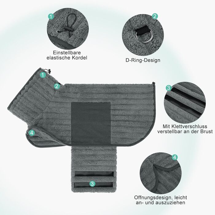 Рушник для собак з мікрофібри, швидковисихаючий, з клямками та регульованою гумкою, можна прати в машині, підходить для великих, середніх та маленьких собак, сірий (XL)