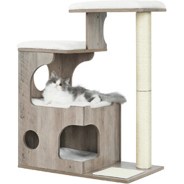 Котячий комплекс Feandrea WoodyWonders UPCT070G01, 86 см, сучасний котячий будинок-турнікет з 3 сидіннями, кігтеточка, мат, будиночок, 4 знімні пральні подушки, сіро-білий