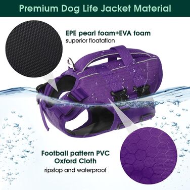 Світшот для собак Kuoser: рятувальний жилет для малих, середніх та великих собак, регульований, з Ripstop, з ручкою для рятування, висока плавучість, для цуценят, пляжний купальник (XL, фіолетовий)