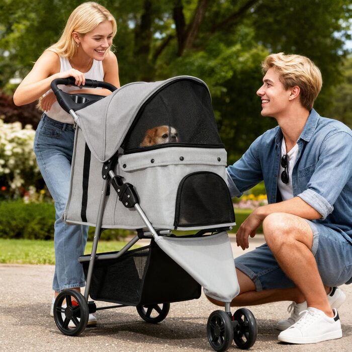 Візок для собак та котів YITAHOME 15 кг, 3 колеса, сітчасте вікно, гальма, міцний, сірий