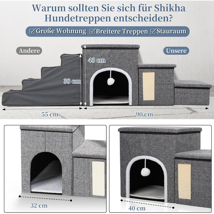 Складні сходи для собак і котів XL, 3 ступені, 90×35×43 см, ширші сходинки, для ліжка та дивана, з відсіком для зберігання, для великих та літніх тварин