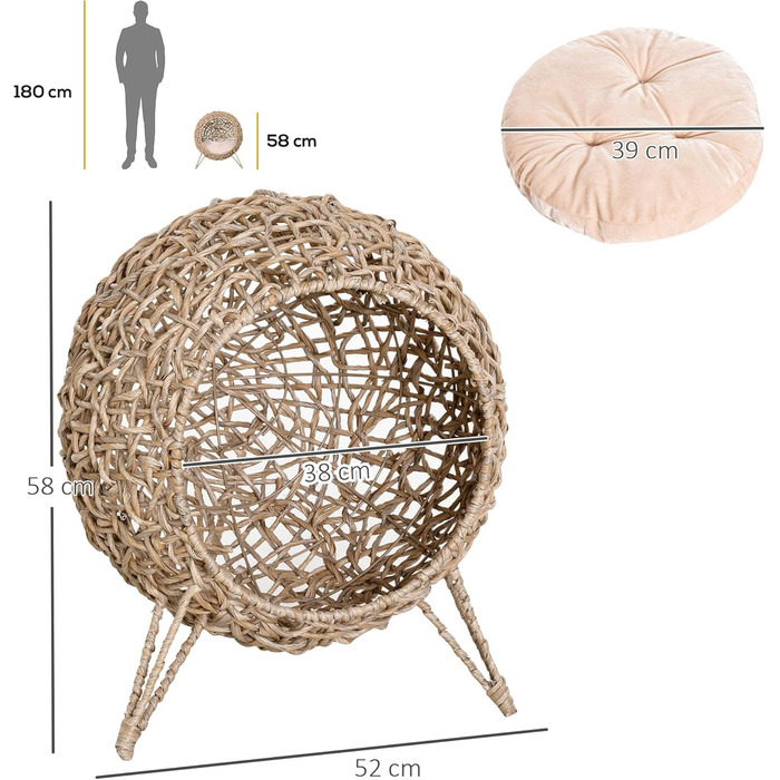 Будиночок для кота PawHut з ротангу з подушкою, лежанка для котів, котяча печера з піднятими ніжками, Ø52 x 58 см (натуральне дерево)