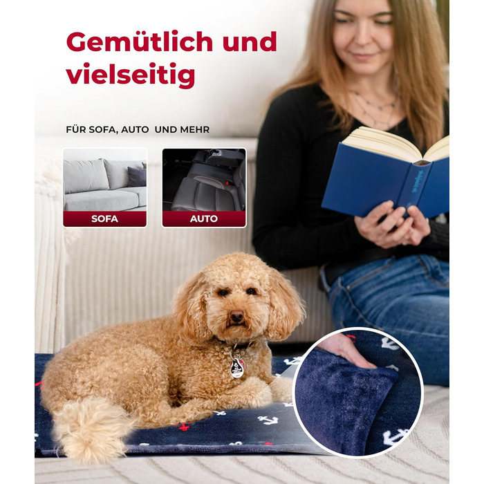 Лежак для собак HS-Hundebett® середній 65x95 см, двосторонній, м'який, 3 см наповнювач, для дивану, авто і переноски, анкер синій, вироблено в Німеччині