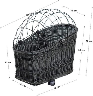 Корзина для собак на велосипед – ручної плетіння з лози, з ґратчастою кришкою, кріпленням для багажника та знімним подушечкою. Розмір: 60 x 39 x 50 см, колір чорний (венге), XL