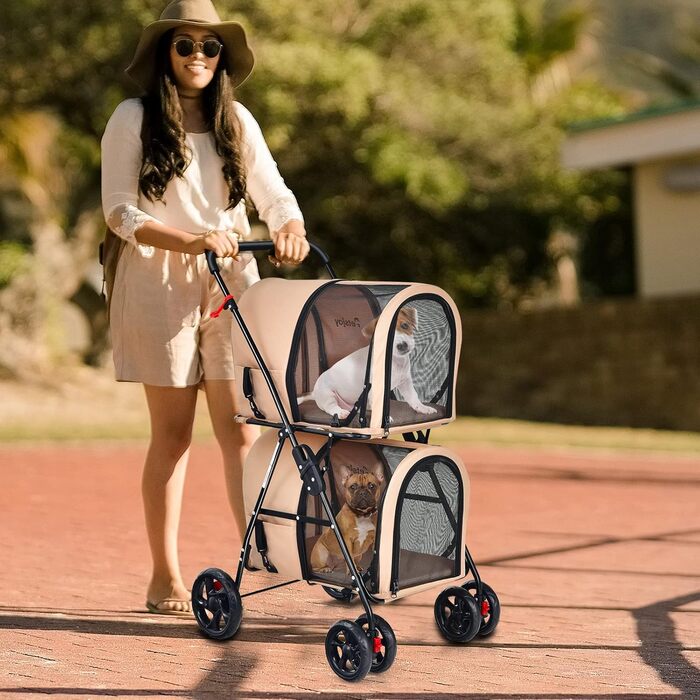 Візок для тварин GOPLUS 2-рівневий складний, 3-в-1, для котів та собак (Бежевий)