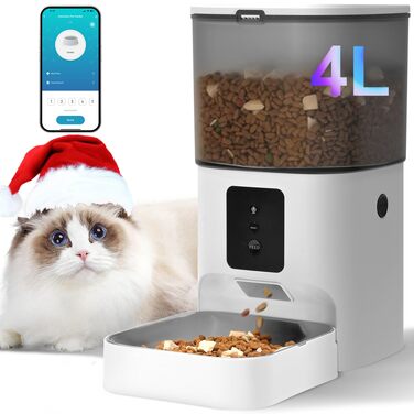 Автоматичний годівник для котів та собак з WiFi 2.4G/5G, 4Л, з голосовим записом та подвійними мисками, таймер на 10 порцій, білий