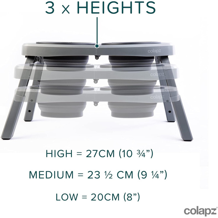 Набір з 2 склавних мисок для собак Colapz зі стійкою – регульована висота, підходить для собак та котів – портативні для подорожей, кемпінгу, авто – силіконові миски з сумкою, сірі