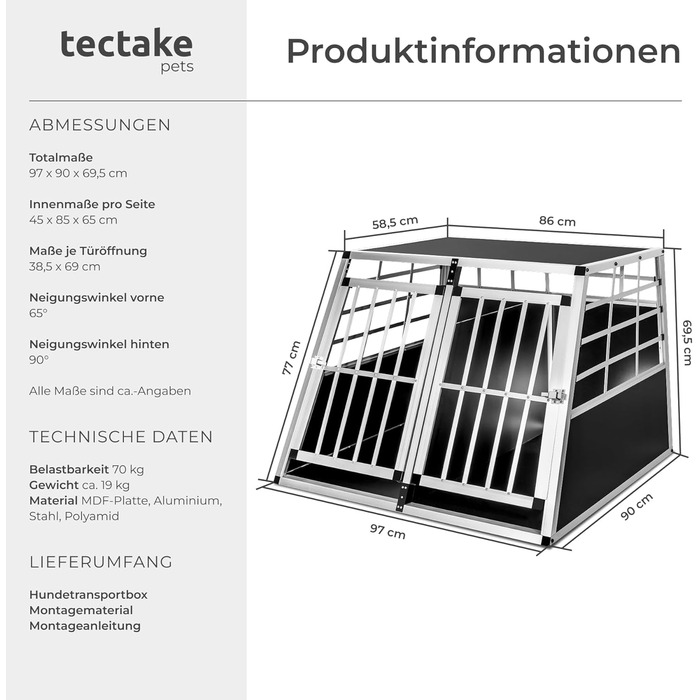 Транспортна переноска для собак tectake® - алюмінієва переноска для авто та дому (97 x 90 x 69,5 см, Double)