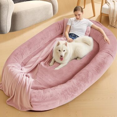 Ліжко для собак та людей NESTROAD, 180x114x35 см, рожеве. Зручне ліжко-мішок з штучним хутром, ковдрою та подушкою.