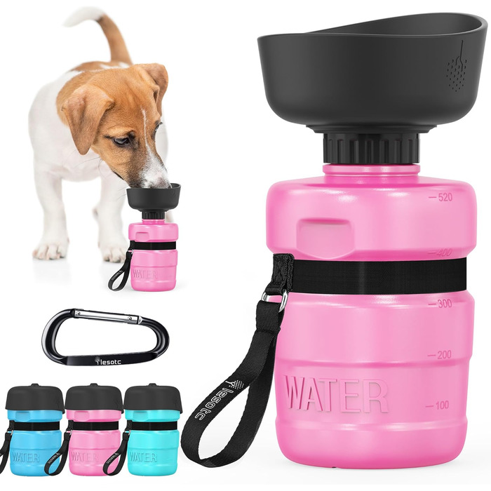 Складана пляшка для води для собак Lesotc, 520 мл, рожева - витоки виключені, для прогулянок, подорожей та кемпінгу