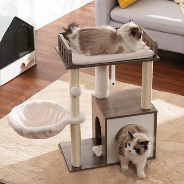 Дряпка для котів Heybly з платформою 30x50 см, когтеточка з будиночком та сизалевими стовпчиками, стабільна та безпечна для кошенят та середніх котів, колір: сіро-коричневий HCT007SSR (Greige)