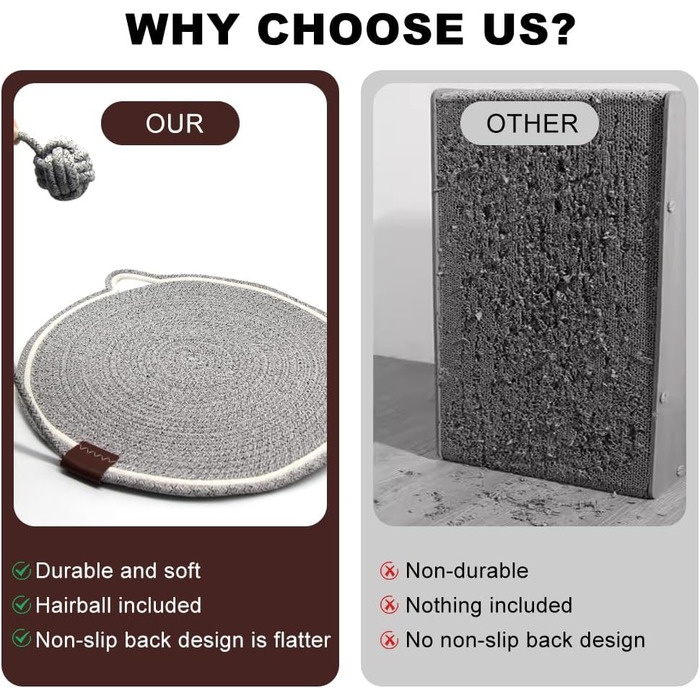 Килимок для котів KUIRUNRX® з сизалю, з іграшкою, захист меблів, натуральний килимок для дряпання, сизалевий килимок для котів, килимок-лежанка, бавовняне та льоноподібне мотузкове покриття