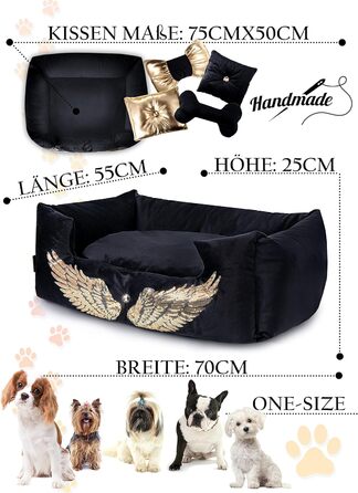 NELKE Розкішне ліжко для собак Glamour-стиль. Чорне ліжко-софа з золотими крилами для маленьких та середніх собак. Знімний, washable (можливість прання)