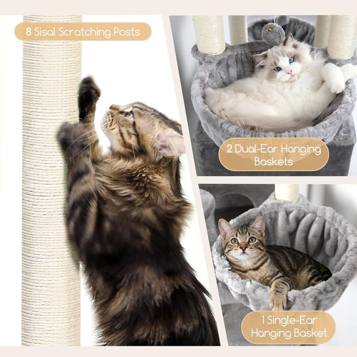 Комплекс для котів Globlazer XXL 209 см з 2 будиночками, великою платформою, 3 кошиками, ситцевими стійками, 8 стовпчиками з сизалю. Стабільний комплекс для котів Globlazer (S82, сірий)