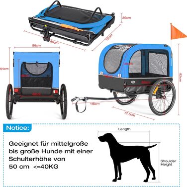 Причіп для собак CXWXC 2-в-1: велосипедний та візок для собак з амортизаторами, синій. Максимальне навантаження 40 кг
