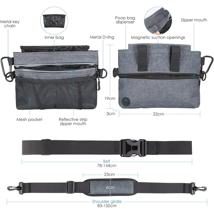 Футляр для ласощів для собак Brifit з магнітною застібкою, практичний мішок для корму для собак, тренування та прогулянки, багатофункціональний мішок для ласощів для собак з винімною внутрішньою кишеню | Диспенсер для відходів сірого кольору
