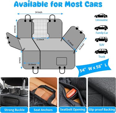 Захист для сидіння автомобіля URPOWER 6-в-1 для собак, водовідштовхувальний, з сіткою та бічною застібкою, чорний A