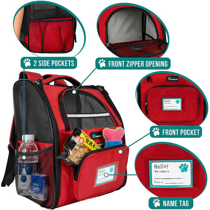 Рюкзак для котів та собак PetAmi - червоний, 41x26x32 см, вентильований, для подорожей, безпечний