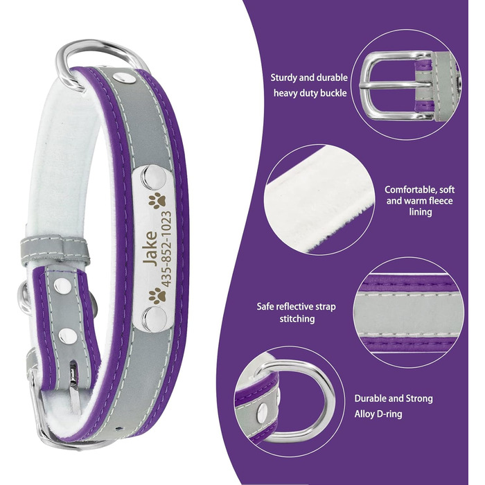 Персоналізоване відбиваюче нашийник та поводок для собак Senristar з гравіюванням, для малих, середніх та великих собак та котів (L, ширина 2,5 см, обхват шиї 34-45 см), фіолетовий комплект
