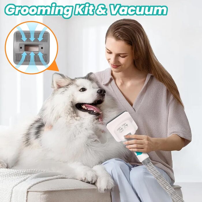 Машинка для стрижки собак з пилососом, 13000PA, 7 насадок для грумінгу, триммер для лап, щітка, гребінець, 3 рівні всмоктування