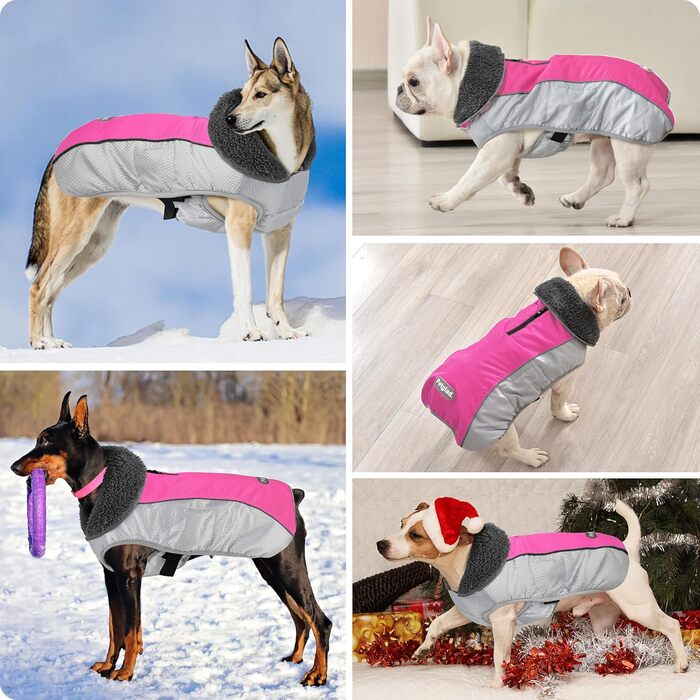 Зимовий одяг для собак, тепла куртка з світловідбиваючими смугами, водонепроникний пуловер на Різдво з отвором для шлейки, тепла жилетка для собак малих, середніх та великих порід (Рожевий, M)