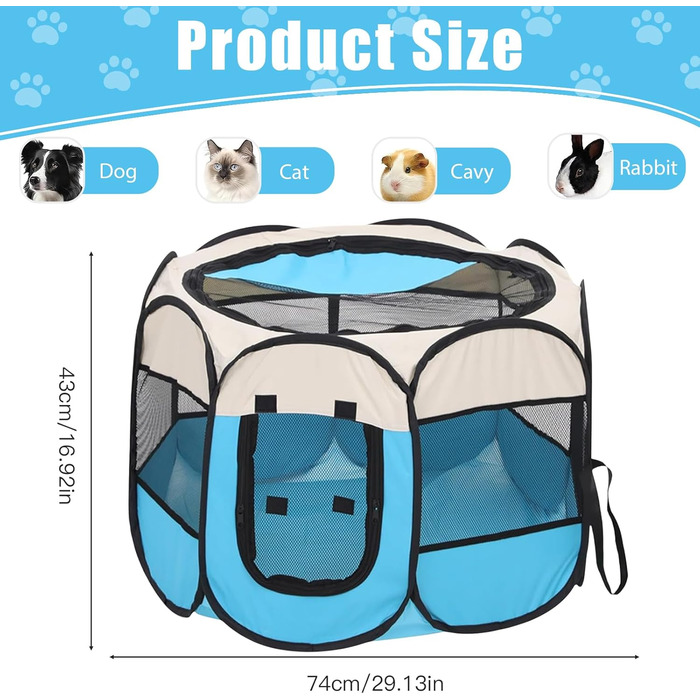 Складана переносна вольєр для цуценят та собак, 74x74x43 см, водовідштовхувальне полотно Oxford, вольєр для собак, клітка для котів та собак, кроликів (Блакитний, 8, M)