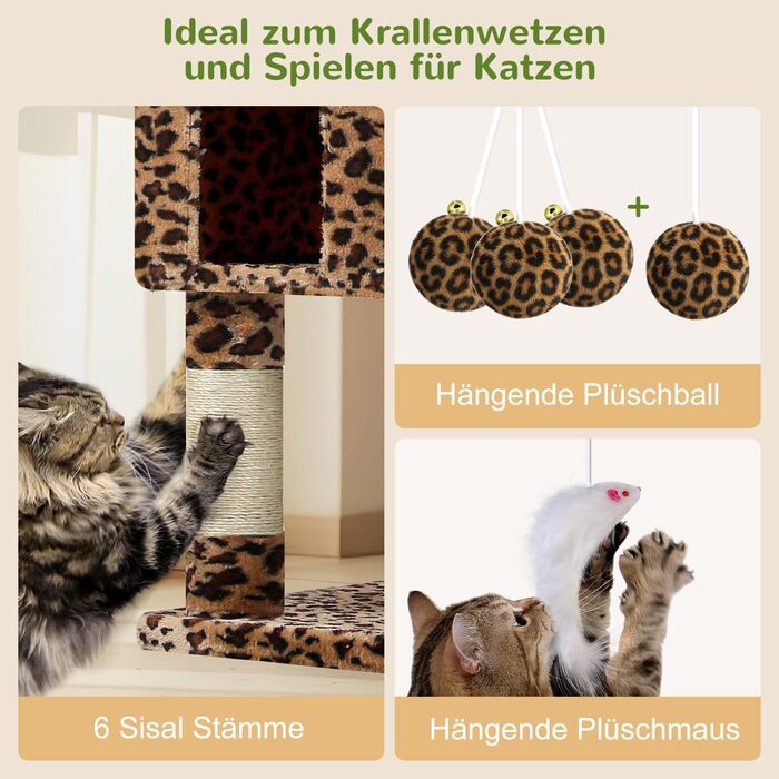 Драбина для котів Globlazer XXL, 209 см: 3 стійкі лежанки, 2 будиночки, 2 кошики, велика платформа, іграшки, стабільна для 3-5 котів. Leoparden