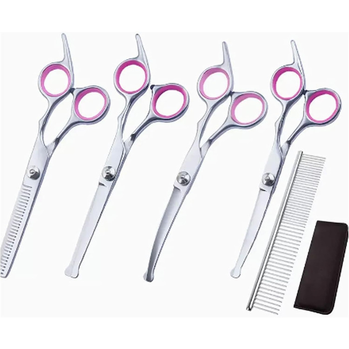 Набір ножиць для грумінгу собак та котів: прямі та зігнуті, з нержавіючої сталі (рожевий)