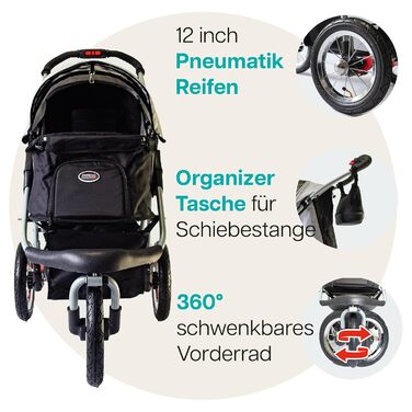 Візок для собак Innopet Comfort Air Eco чорного та срібного кольору – візок для собак/кішок з 30 см повітряними колесами, складаний, для лісових доріжок, світловідбиваючі смуги, органайзер, матеріал з переробленого нейлону